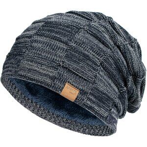 Men’s Navy Winter Beanies Knit Hats Lined Thick Warm Stocking Cap for Guys